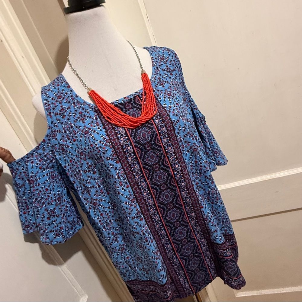 New with Tags! St. John's Bay Chic Blue and Red Off-Shoulder Blouse